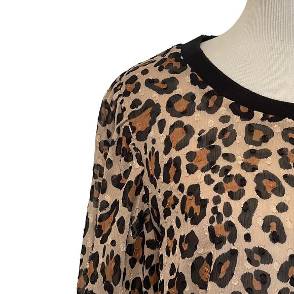 A New Day Leopard Print Puff Sleeve Top Womens Medium Semi Sheer Ringer Blouse - Picture 3 of 8